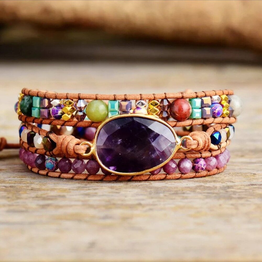 Amethyst Gemstone Leather Wrap Bracelet NWOT